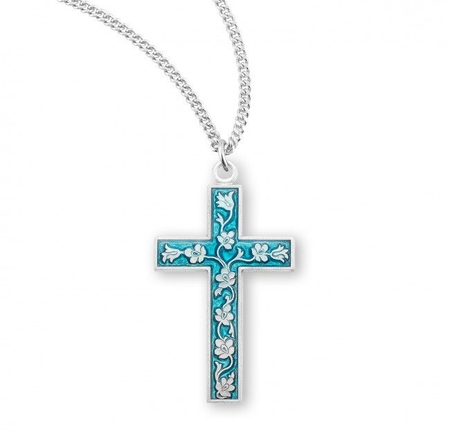 Solid 925 Sterling Silver Flowered Vine Blue Enameled Cross Necklace Pendant