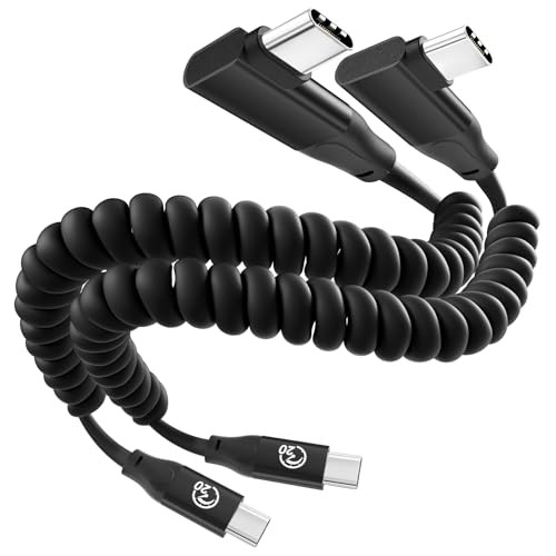 JavicTech Coiled USB C Cable Right Angle 1ft, 20Gbps 3.2 Gen 2 Black