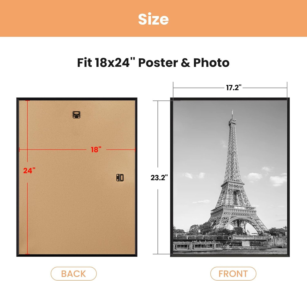 18 x 24 Picture Frame Black 3 Pack Scratch Proof Poster Wall Mount