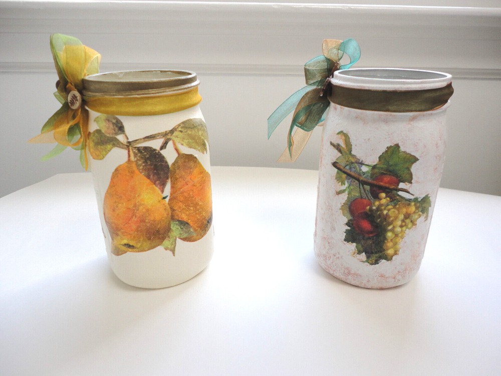 Decoupage Quart Mason Jar, Pears, Grapes ( Handmade)