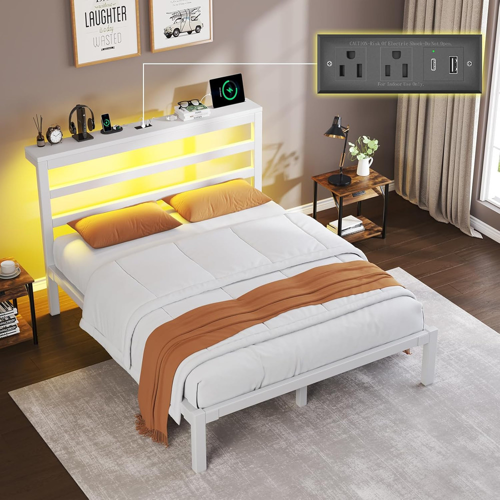 Full Size Bed Frame with Storage Headboard, Industrial Platform Bed with Chargin