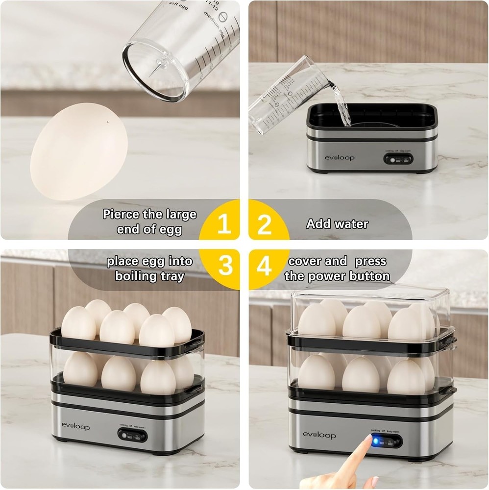 Evoloop Rapid Egg Cooker Electric 12 Eggs Capacity, Soft, Medium, Hard Boiled