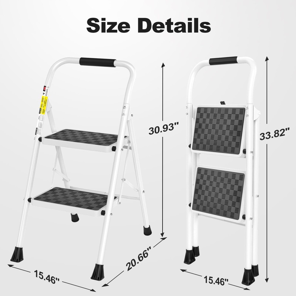 HBTower 2 Step Ladder,2 Stool for Adults Folding 2-Step, White