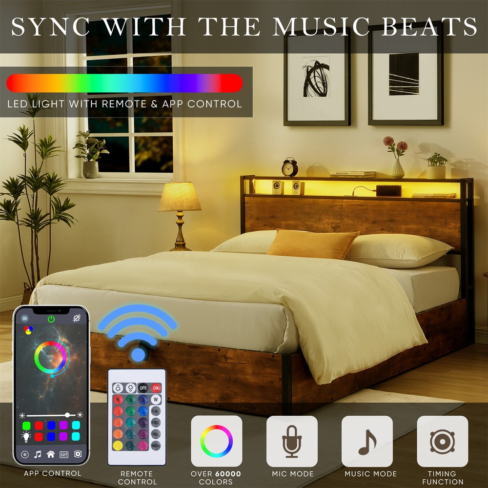 Full/Queen Size Bed Frame Wood Platform Bed Frame with Storage & LED Lights
