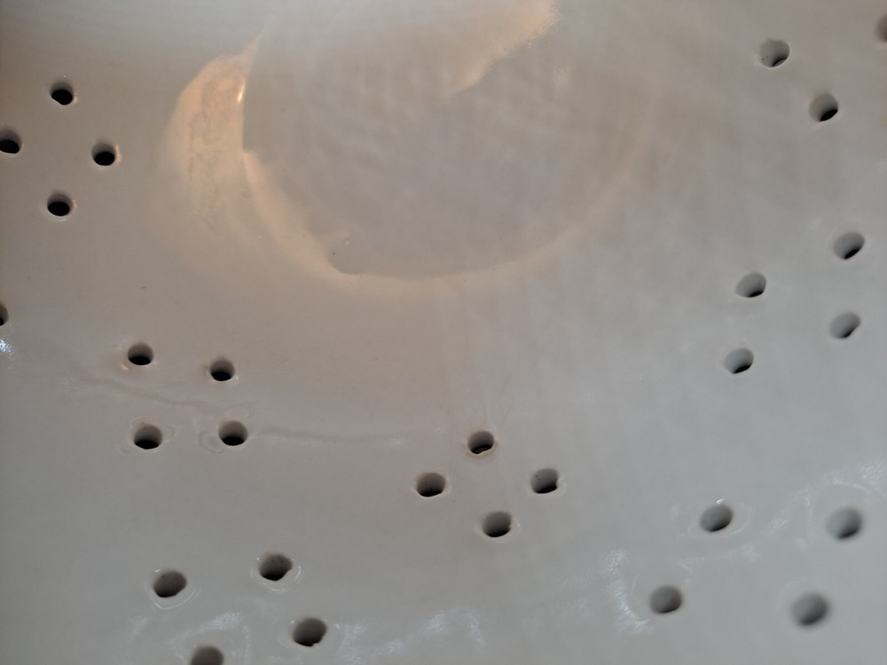 Rae Dunn Colander "Organic" printed on front white ceramic
