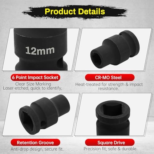 1/2" Drive Deep Impact Socket, CR-MO 6-Point Axle Nut Socket, Heavy Duty 12mm