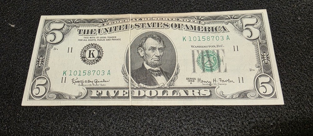 1963 A $5 Error Gutter Fold Federal Reserve Note.