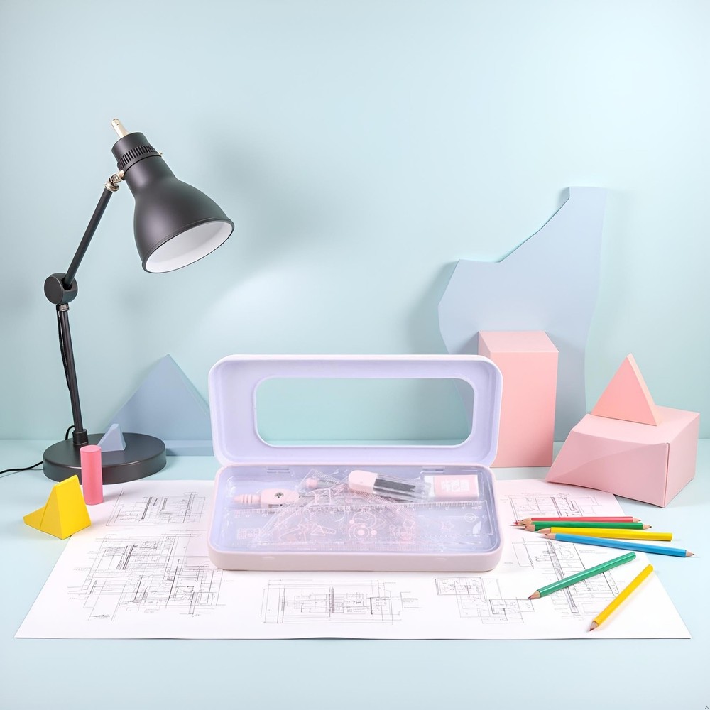 7Pcs Pink Compass Protractor Set with Portable Box Geometry Drafting Tools Se...