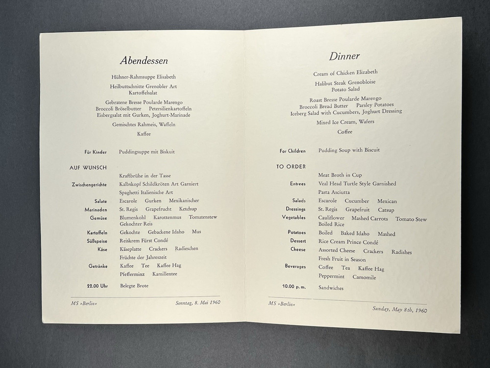 1960 MS Berlin Dinner Menu - North German Lloyd - May 8th