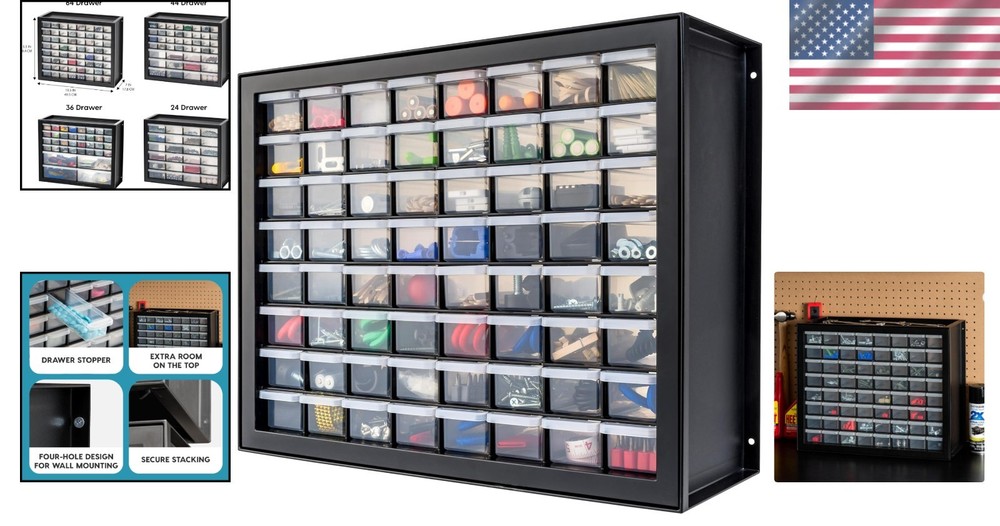 IRIS 64 Drawer Black Plastic Hardware Organizer Cabinet - Stackable Tool Storage