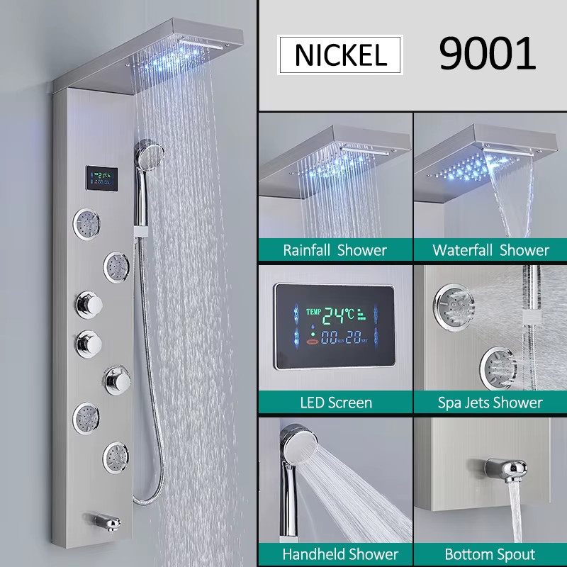 LED Shower Panel Tower Rain Waterfall Massage Jets LCD Display Spa System