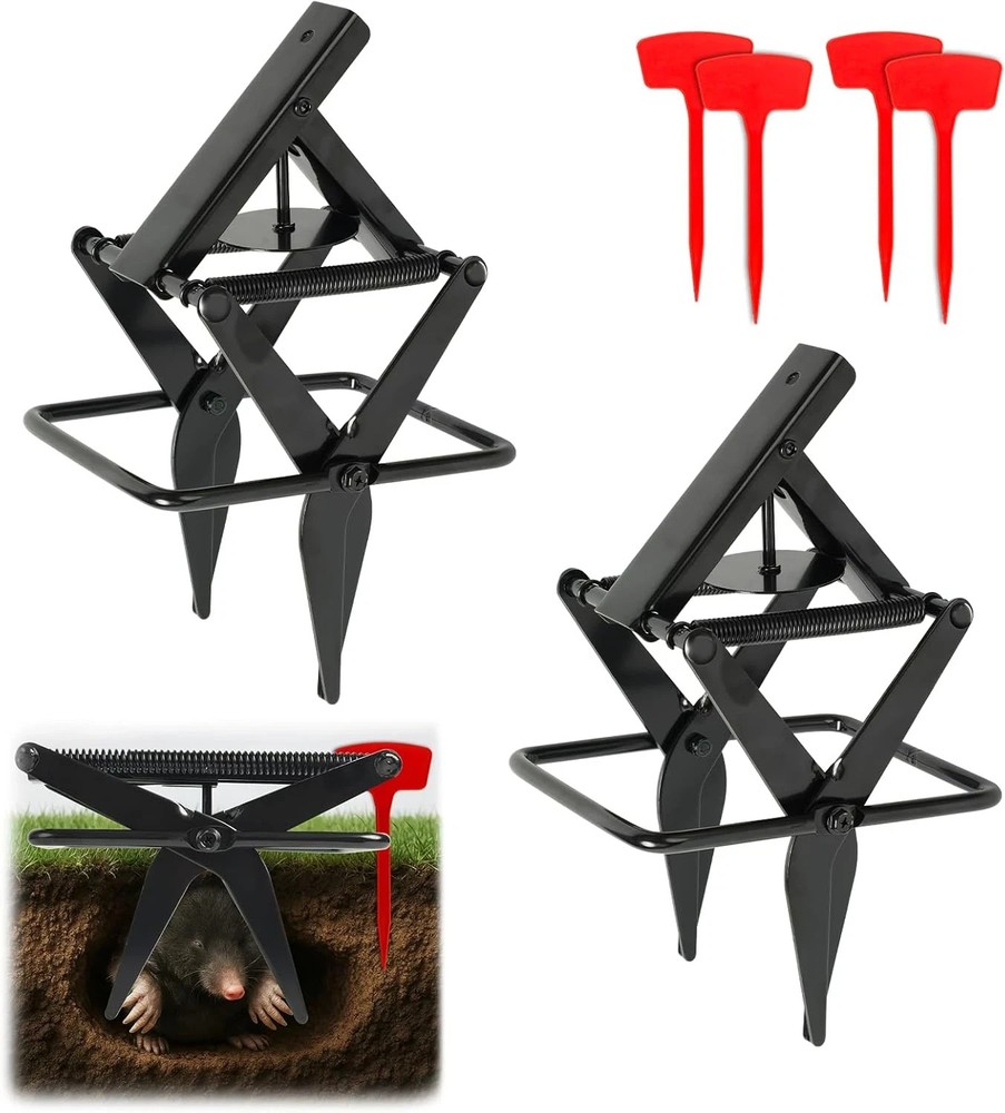 2 Pack with 4 Flags- Stainless Steel Ground Mole Traps, Easy Step Setup Mole Kil
