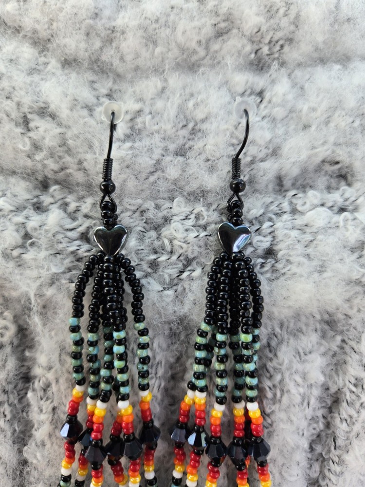Native American Beaded Tassel Dangle Earrings (Heart, Multicolor)