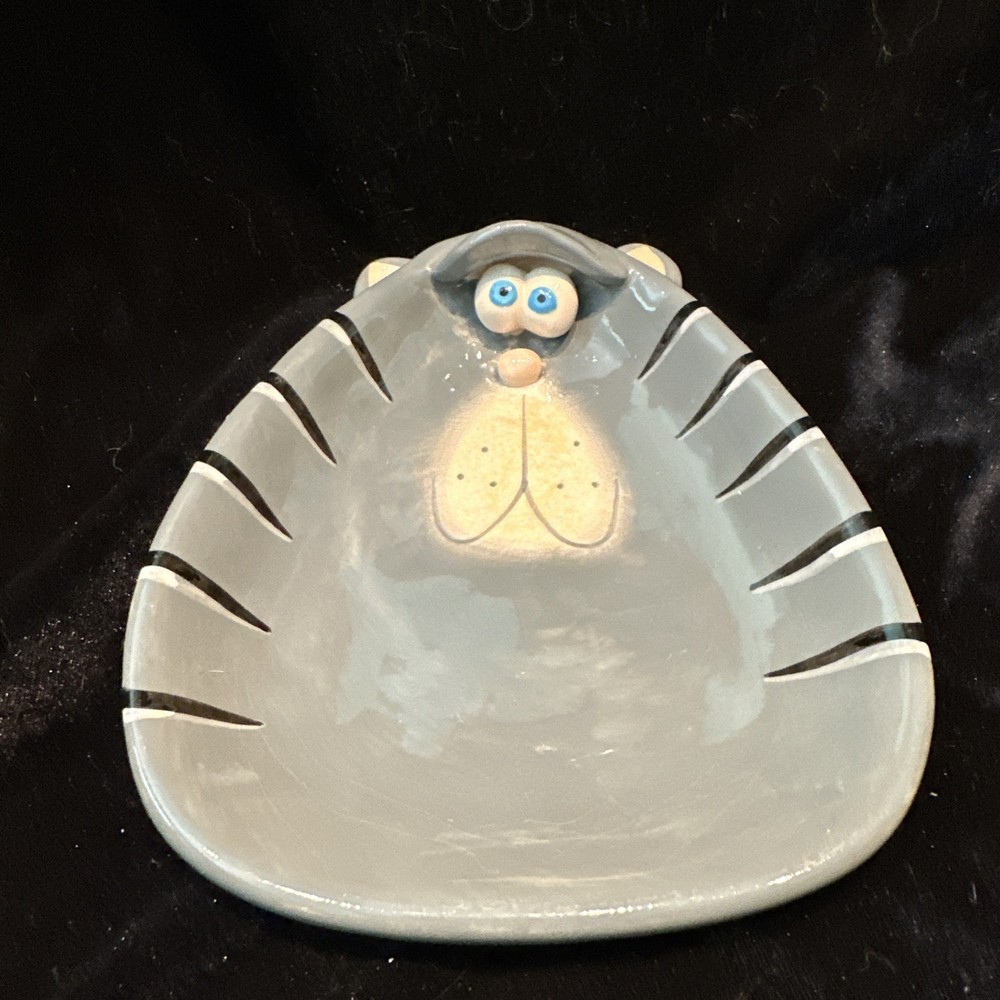 Gray Stripe Ceramic Cat Candy Dish