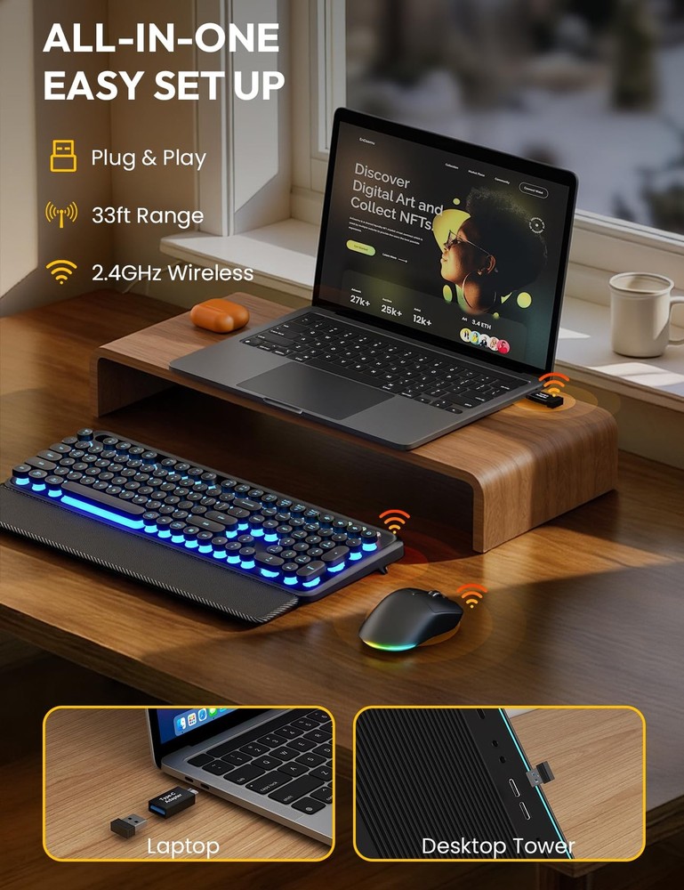 Wireless Keyboard and Mouse Combo - Backlit Typewriter Keyboard with Magnetic...