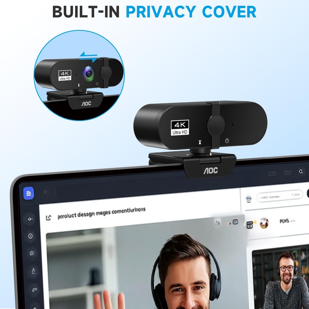 AOC 4k Webcam for PC with Microphone, Computer Camera Noise Black