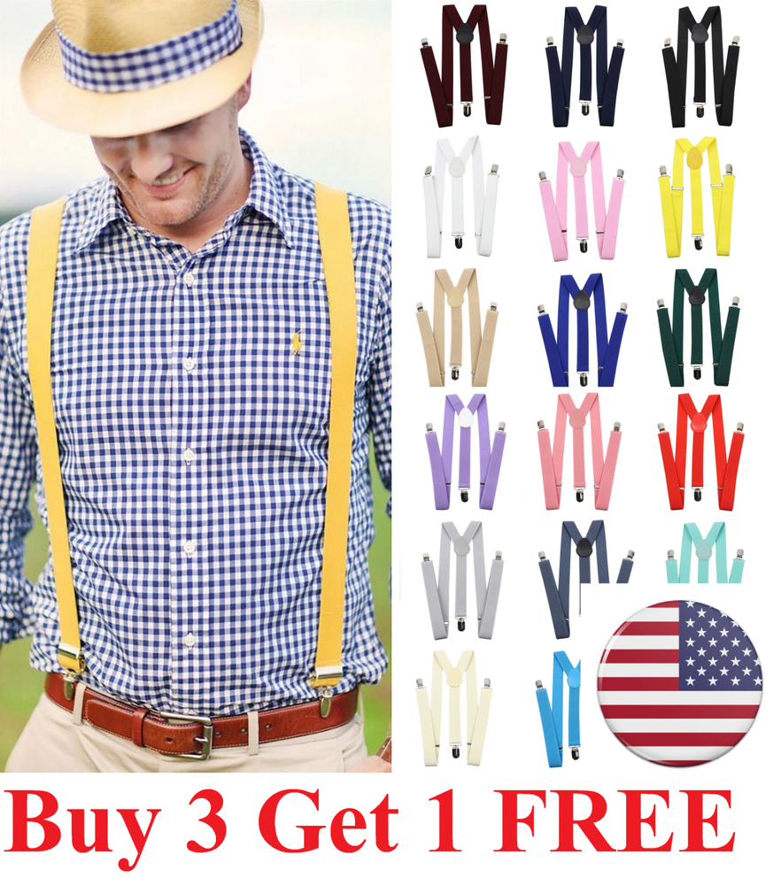 Men's Adjustable Suspenders Elastic Y-Shaped Braces Clips Pants Solid Bow Tie