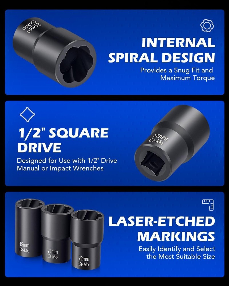 Twist Socket Tool 1/2" Drive 5Pc Nut & Bolt Extractor Stripped Lug Nut Remover