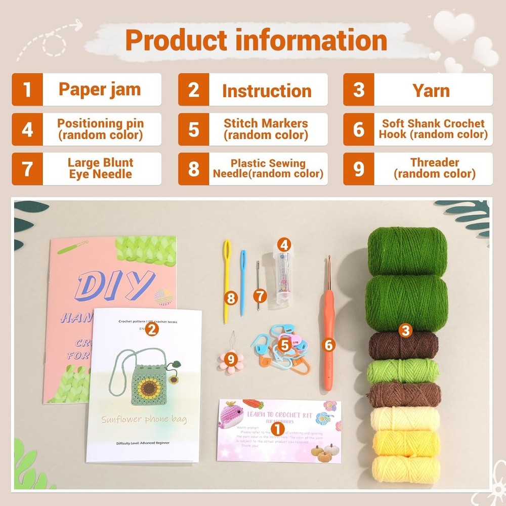 Beginner Crochet Kit for Stunning Sunflower Phone Bag - Includes Tutorials