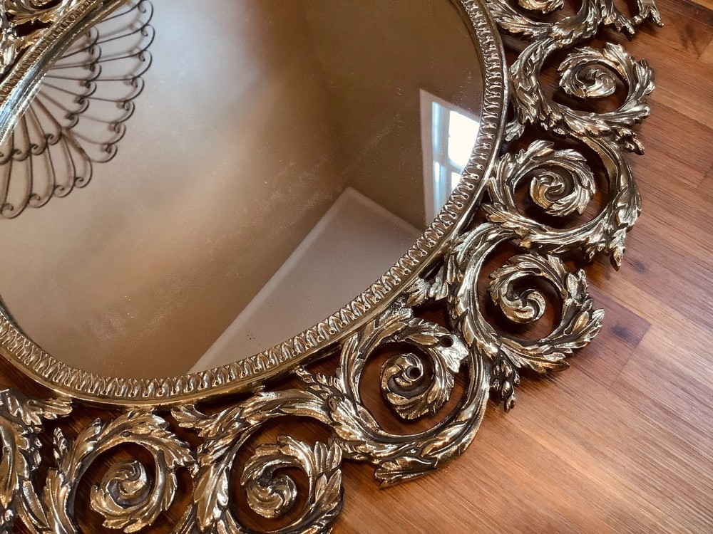 Ornate Victorian Solid Brass Oval Wall Mirror Bow & Laurel Rosettes 18” x 14.5”