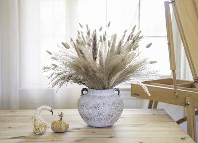 Rustic Farmhouse Textured Ceramic Vase with Two Handles, Short Rustic White