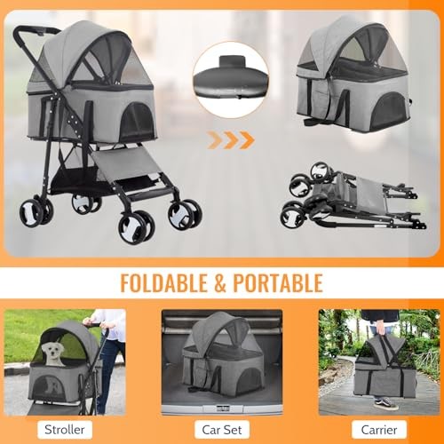 3 in 1 Multi-Function Dog Jogger with Detachable Carrier, Gray 4 Wheels