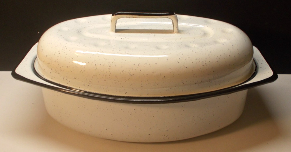 Vintage Speckled White Enamelware Chicken Roaster
