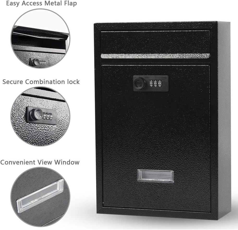 KYODOLED Locking Wall Mount Mailbox, 8.54‘’*3.35‘’*12.4‘’, Com-lock-black