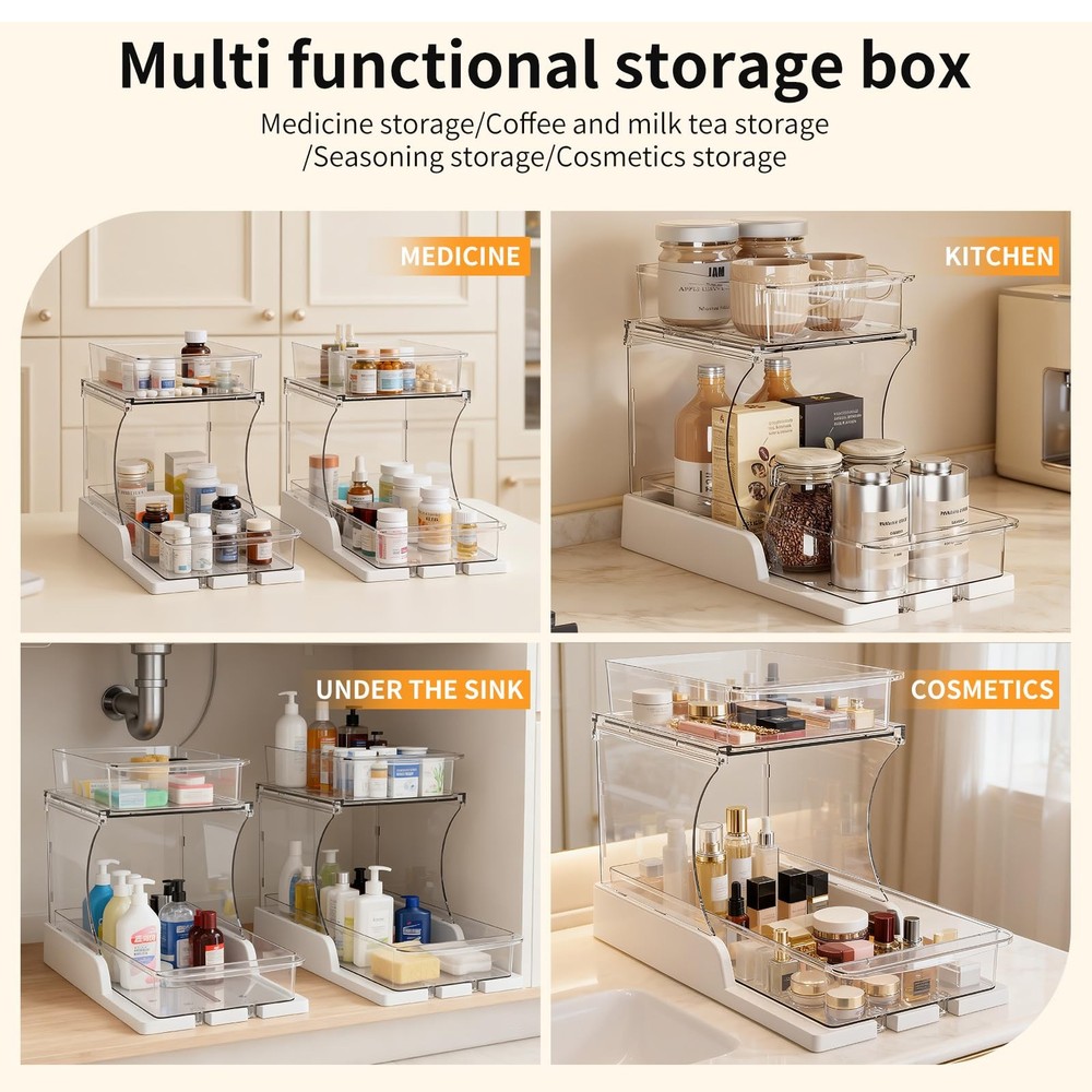 Jsyrjing Pull Out 2 Tier Under Sink Organizer Clear Cabinet 2 Pack,