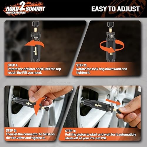 Tire Deflator Kit, 4 PCS Auto-Stop Valve Tool, 10-30 PSI Adjustable Range,