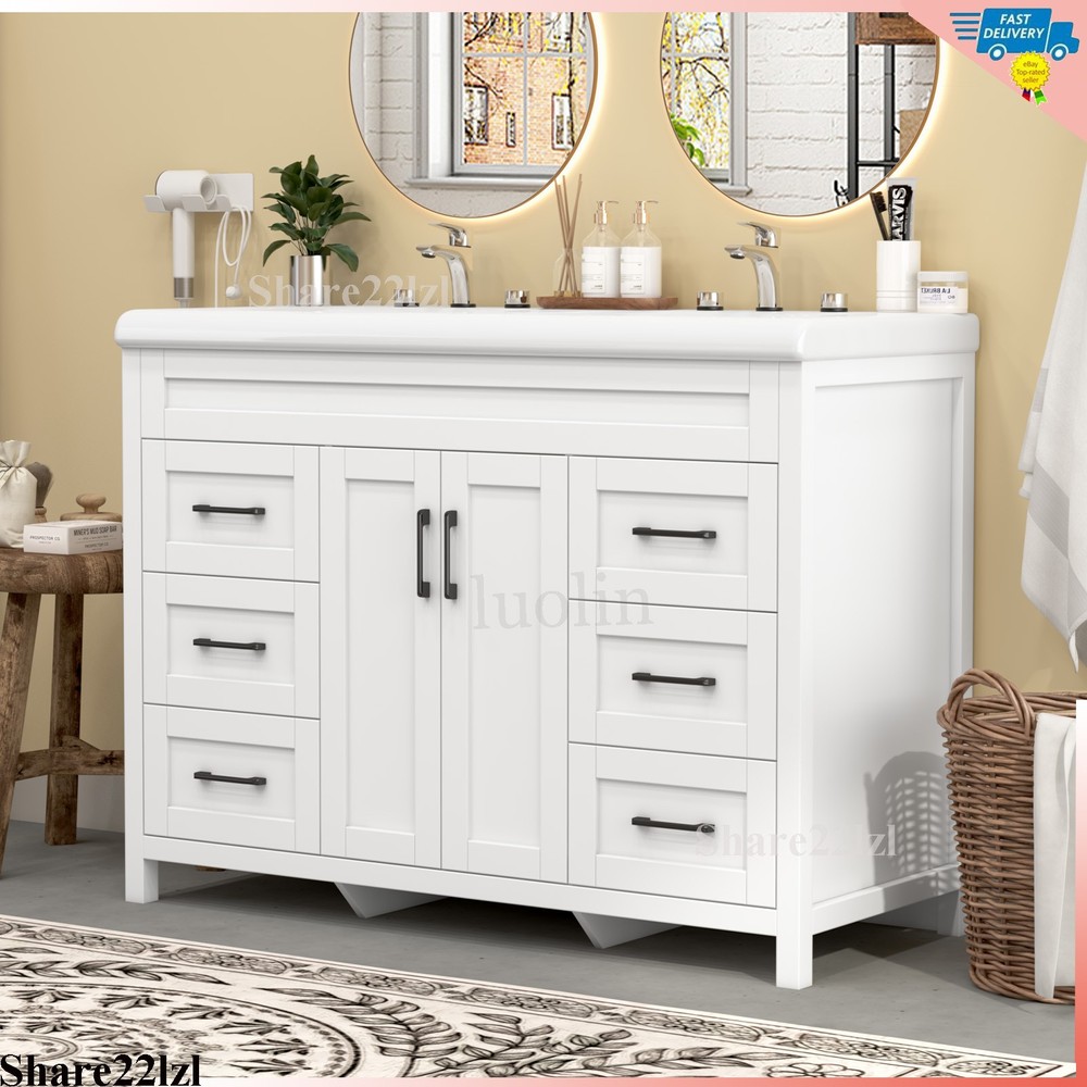 47" Bathroom Vanity Set with Double Ceramic Sinks Artificial Marble Countertop
