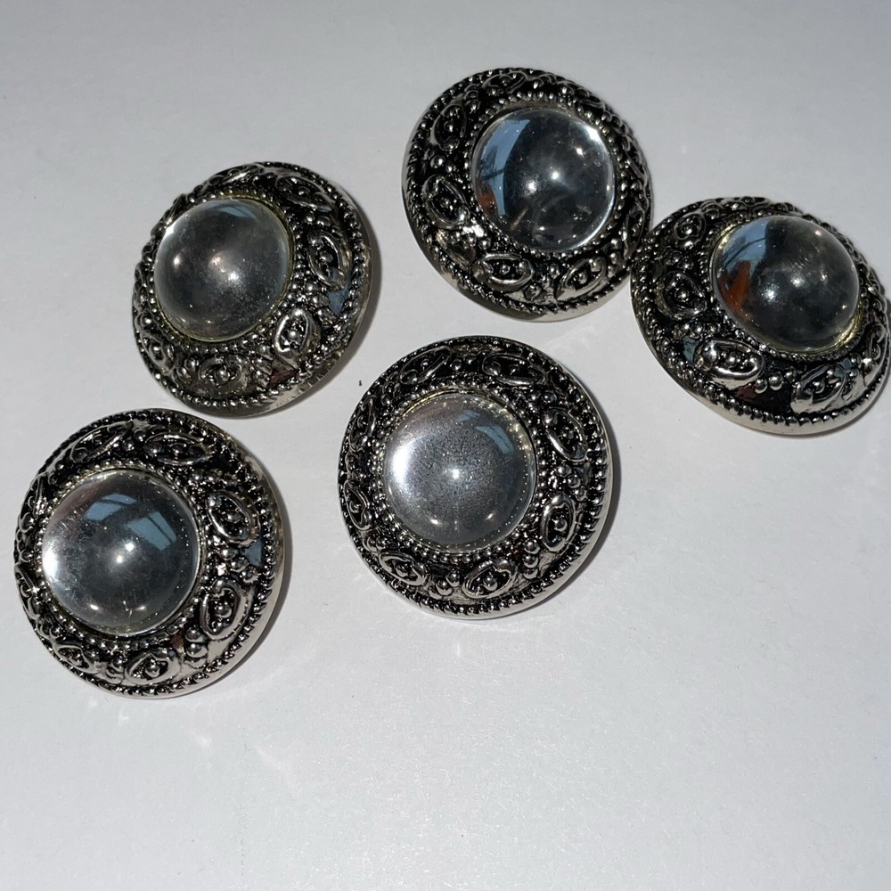 Set 5 Silver Tone Plastic Buttons Mirrored Cabochon Large 1”