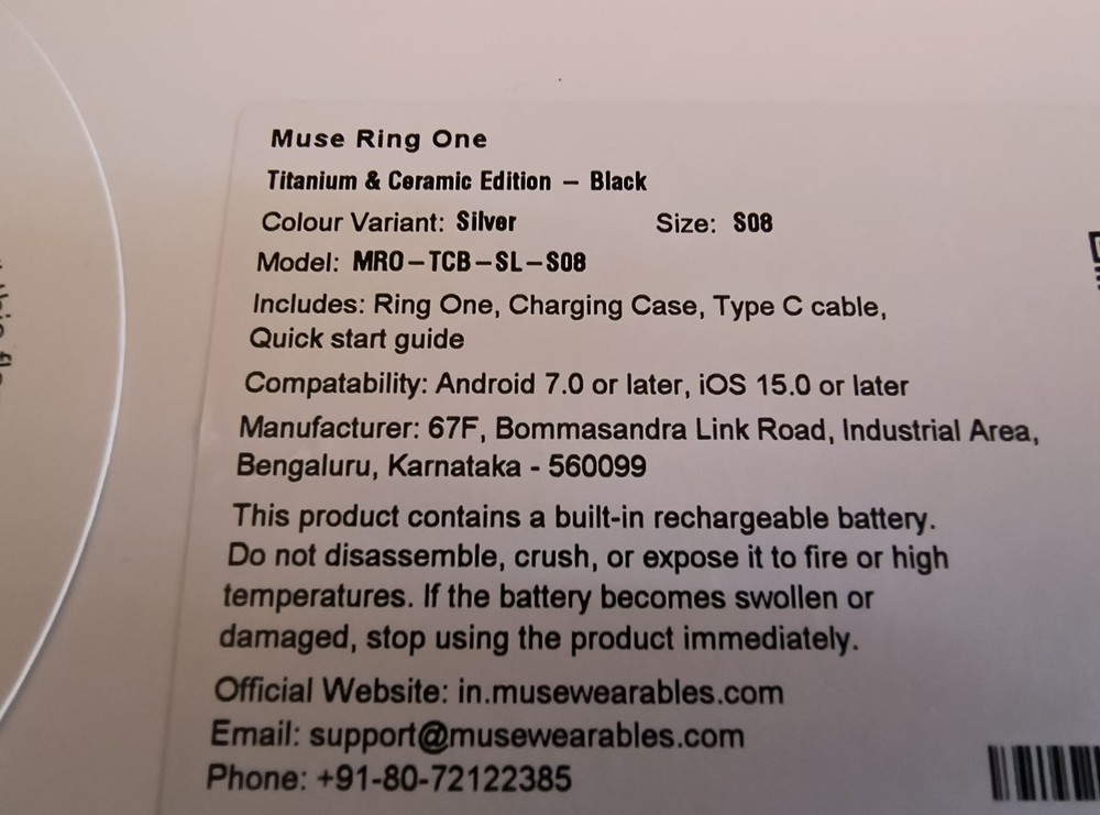 Muse Ring One Smart Ring Size 8 Titanium/Ceramic. Brand New.