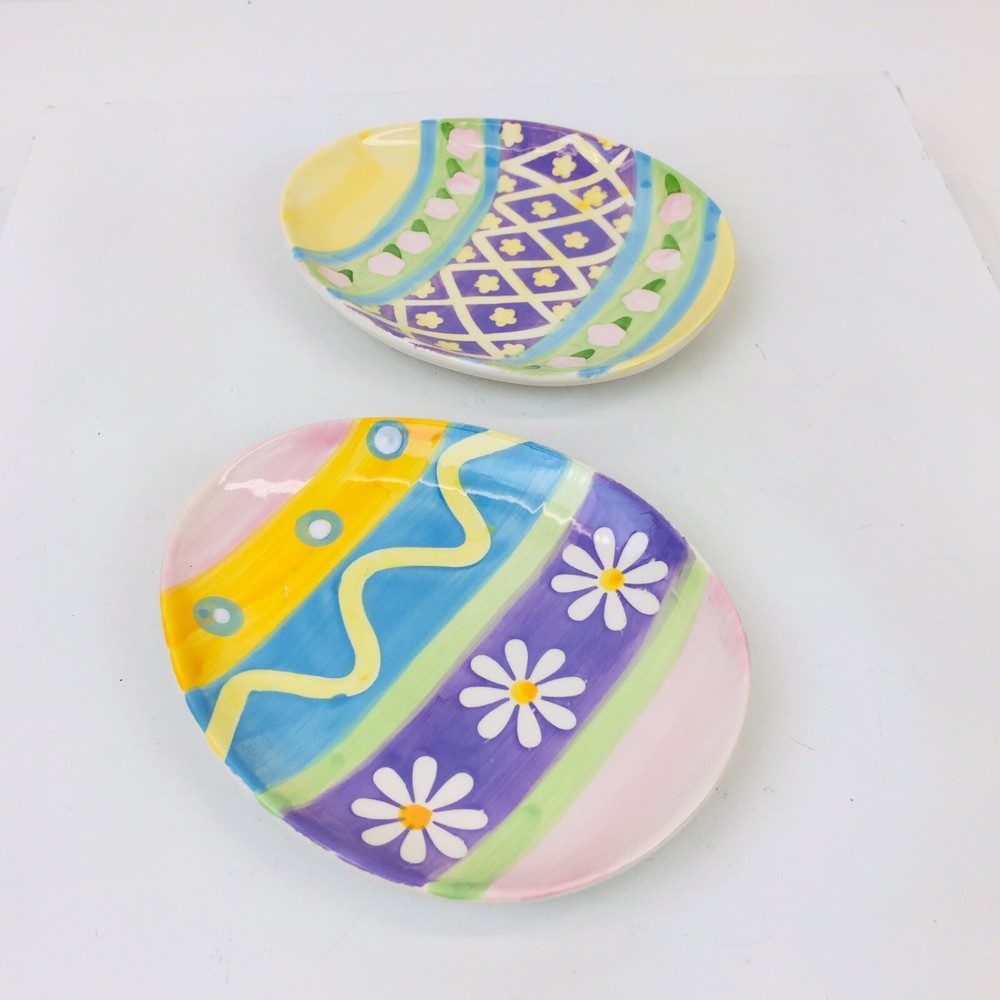 Set/2 STUDIO 33 Egg Shapred Dessert Plates Ceramic Easter Spring New 6.5X5"
