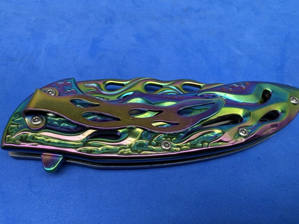 MTECH Assisted Opening Pocket Knife Rainbow Flame Cutout Fire Pattern Blade EDC