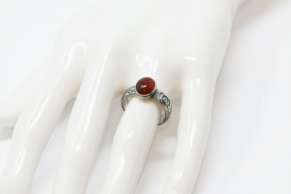 Oval Carnelian Ring Flower Pattern 925 Sterling Silver N-S