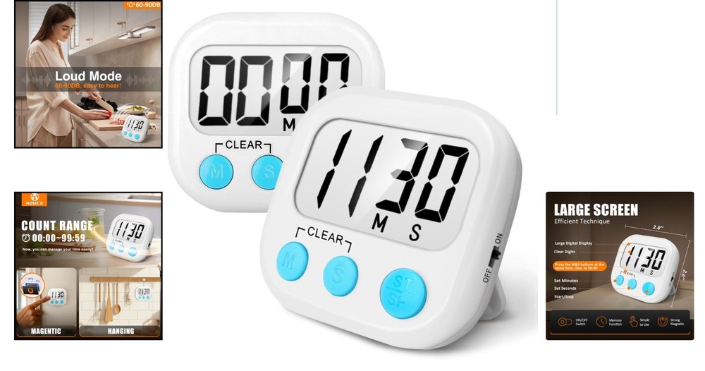 Large Display Kitchen Timer Set - 2 Pack with Loud Alarm and Memory Feature