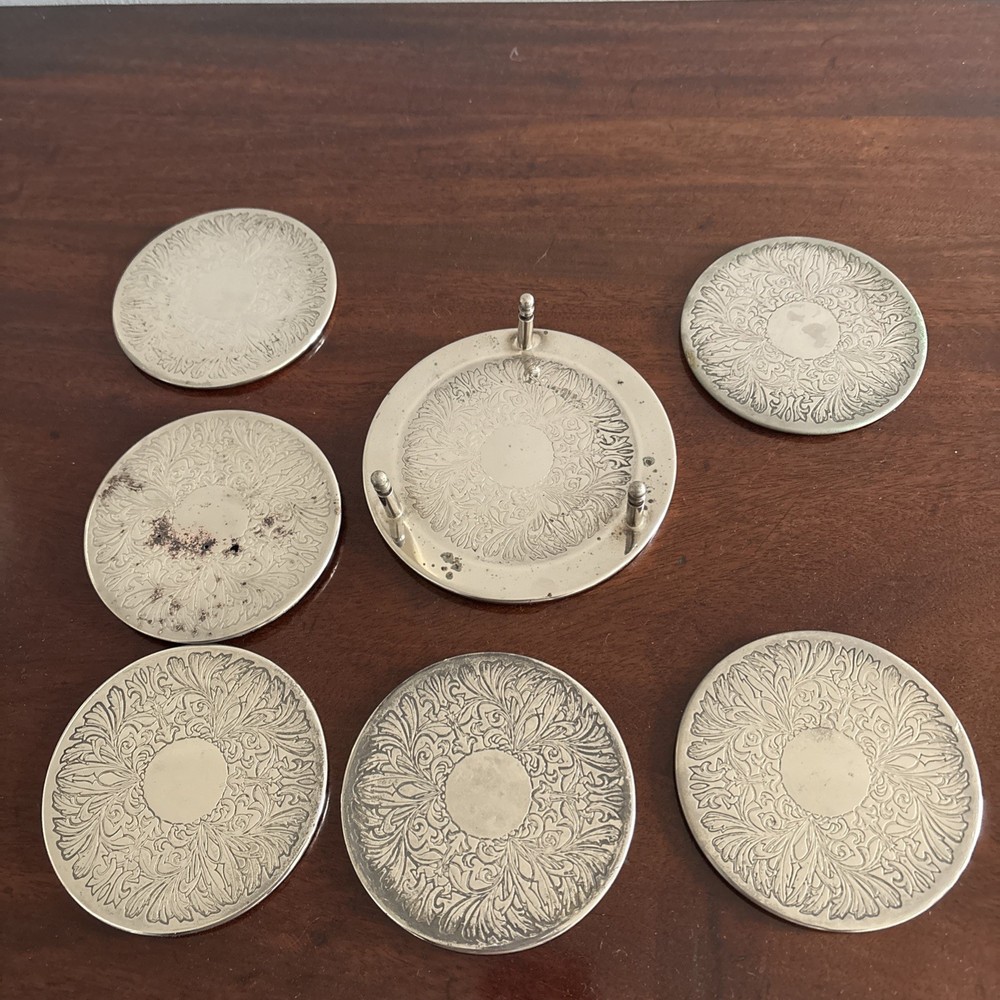 Vintage Silver Plated Coaster Set 6 Piece With Holder Engraved Tableware