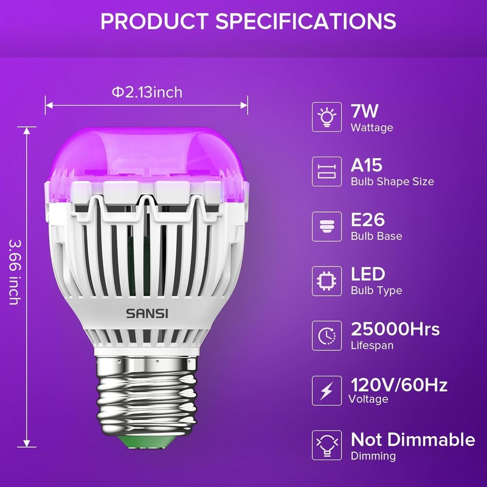 SANSI LED UV Black Light Bulb for Glow Party, 7W A15 UVA Blacklight Bulb E26 ETL