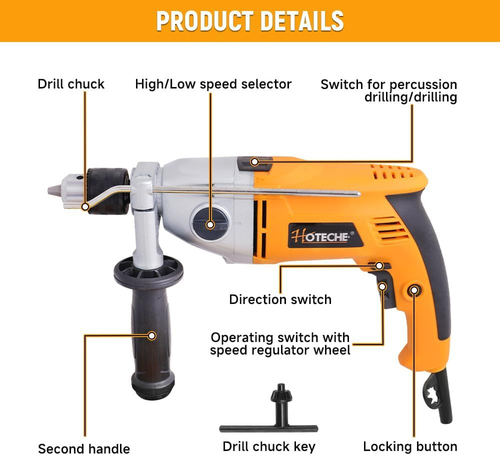 Powerful 9-Amp Corded Hammer Drill with 10 HSS Bits - 2-Speed Performance