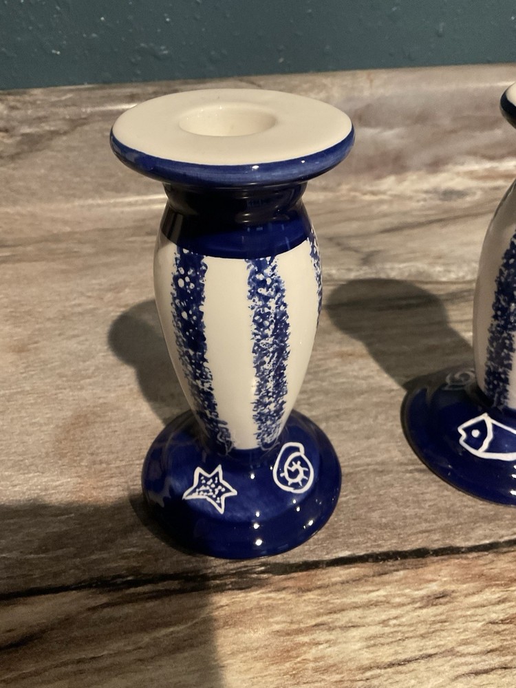 Wangs Candleholders blue and white fish design bottom 5-3/4 Long
