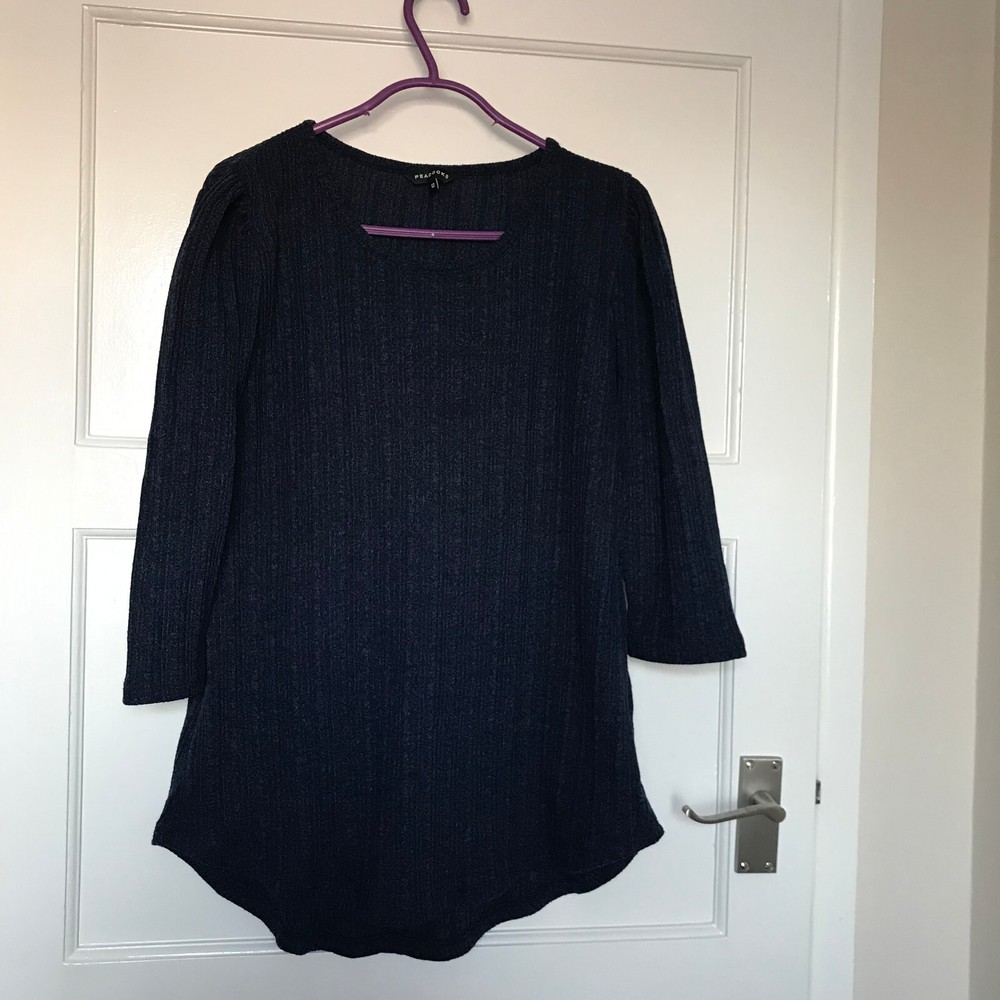 Peacocks Navy Blue Stripe Jumper Size 12 3/4 Sleeve Round Neck Thin Pullover