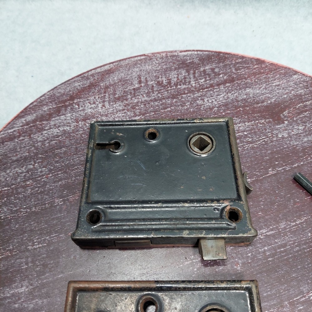 Two Vintage Black Mortise Lock Set With Skeleton Keyhole & Hardware Missing Key