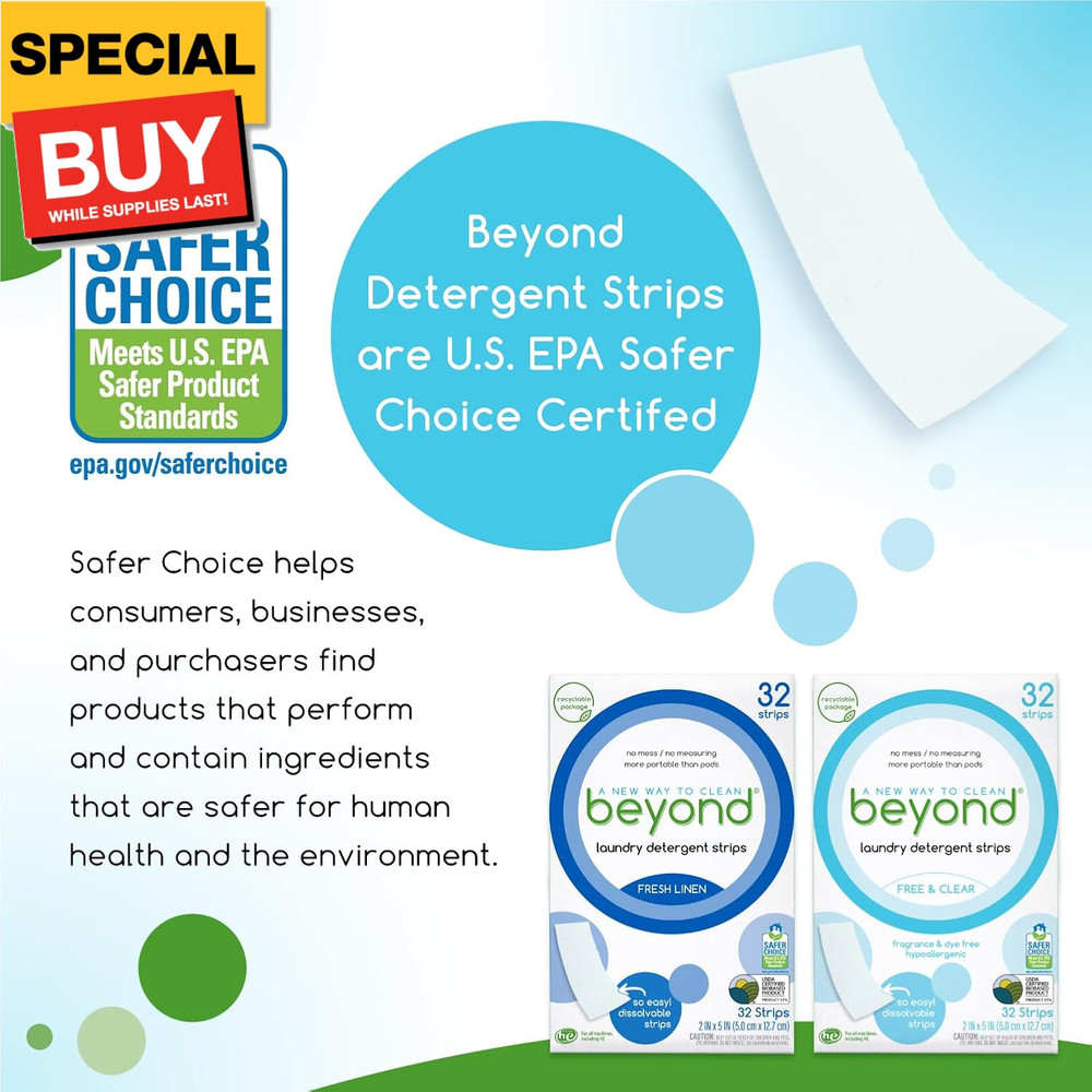 Laundry Detergent Strips [32 strips] - Free & Clear - Eco-friendly, Hypoallergen