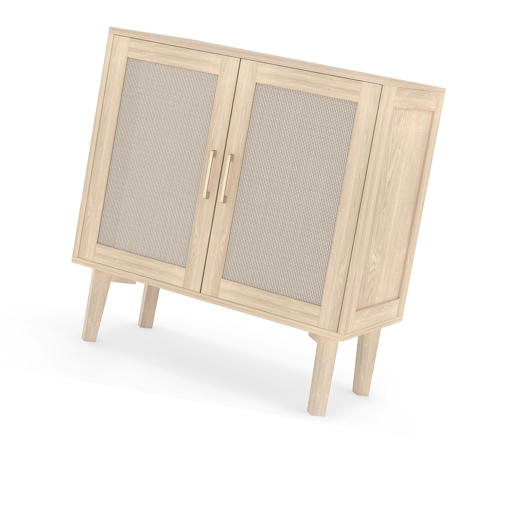 Buffet Cabinet With Rattan Decor Doors Solid Wood Feet Multifunctional PHPF