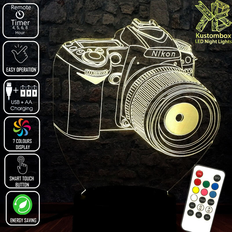 NIKON CAMERA SLR 3D LED BATTERY USB NIGHT LIGHT 7 COLOURS REMOTE CONTROL & TIMER