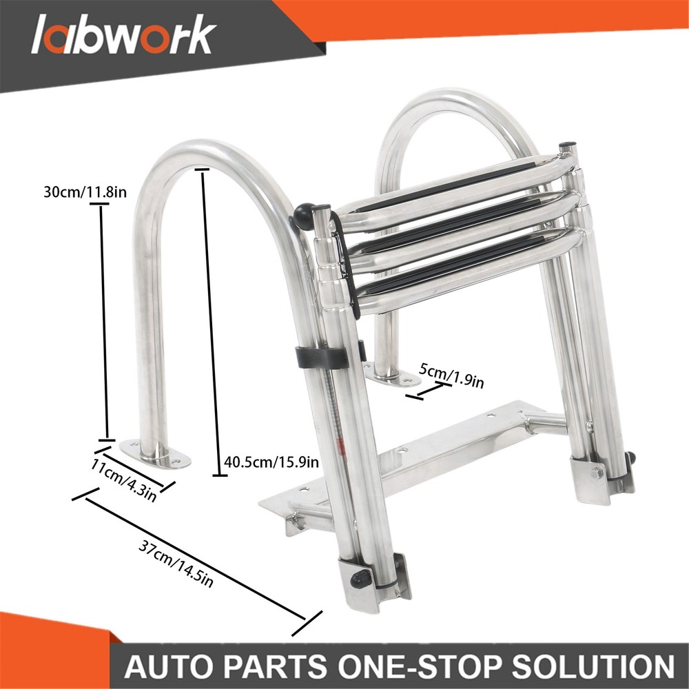 Labwork 3 Step Stainless Steel Folding Pontoon Boat Ladders w/ Extra Wide Step