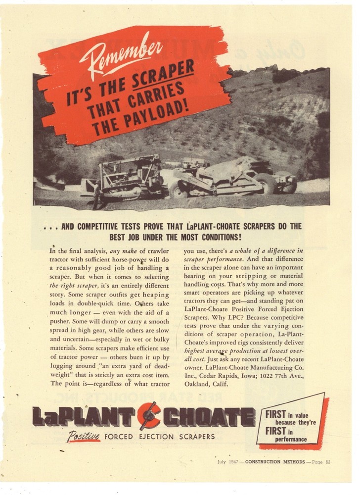 1947 LaPlant Choate Ad: Positive Forced Ejection Scraper - Carries the Load!