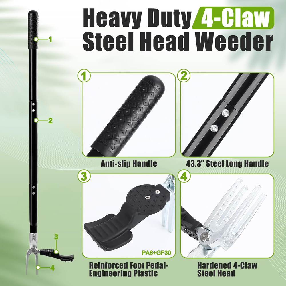 Heavy-Duty 4-Claw Weed Puller Tool with Adjustable Long Handle