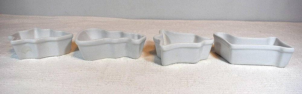 White Holiday Themed Ceramic Dishes- Bell, Tree, Stocking, Snowman (4)
